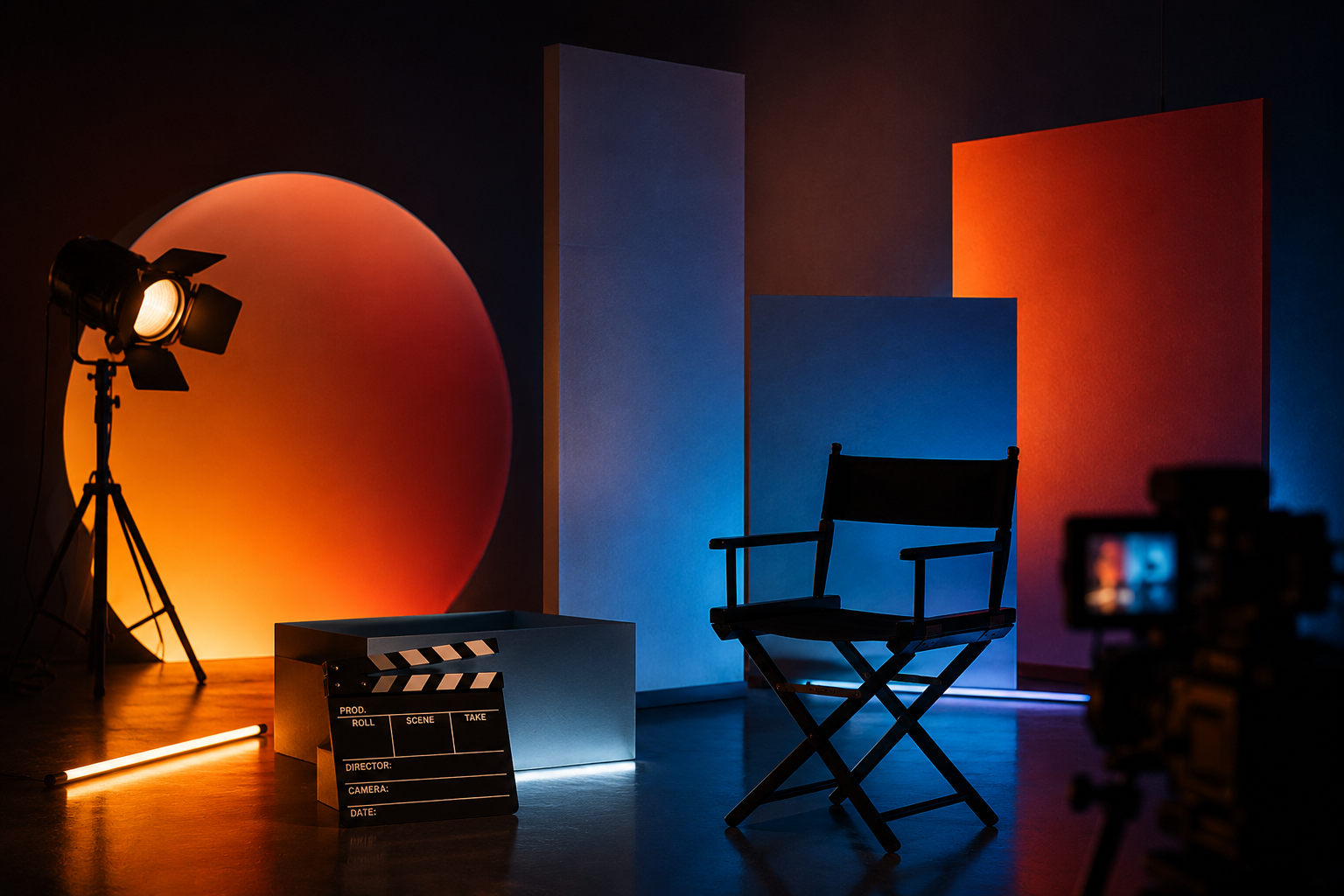 Abstract cinematic film production studio with dramatic lighting and creative commercial filmmaking setup