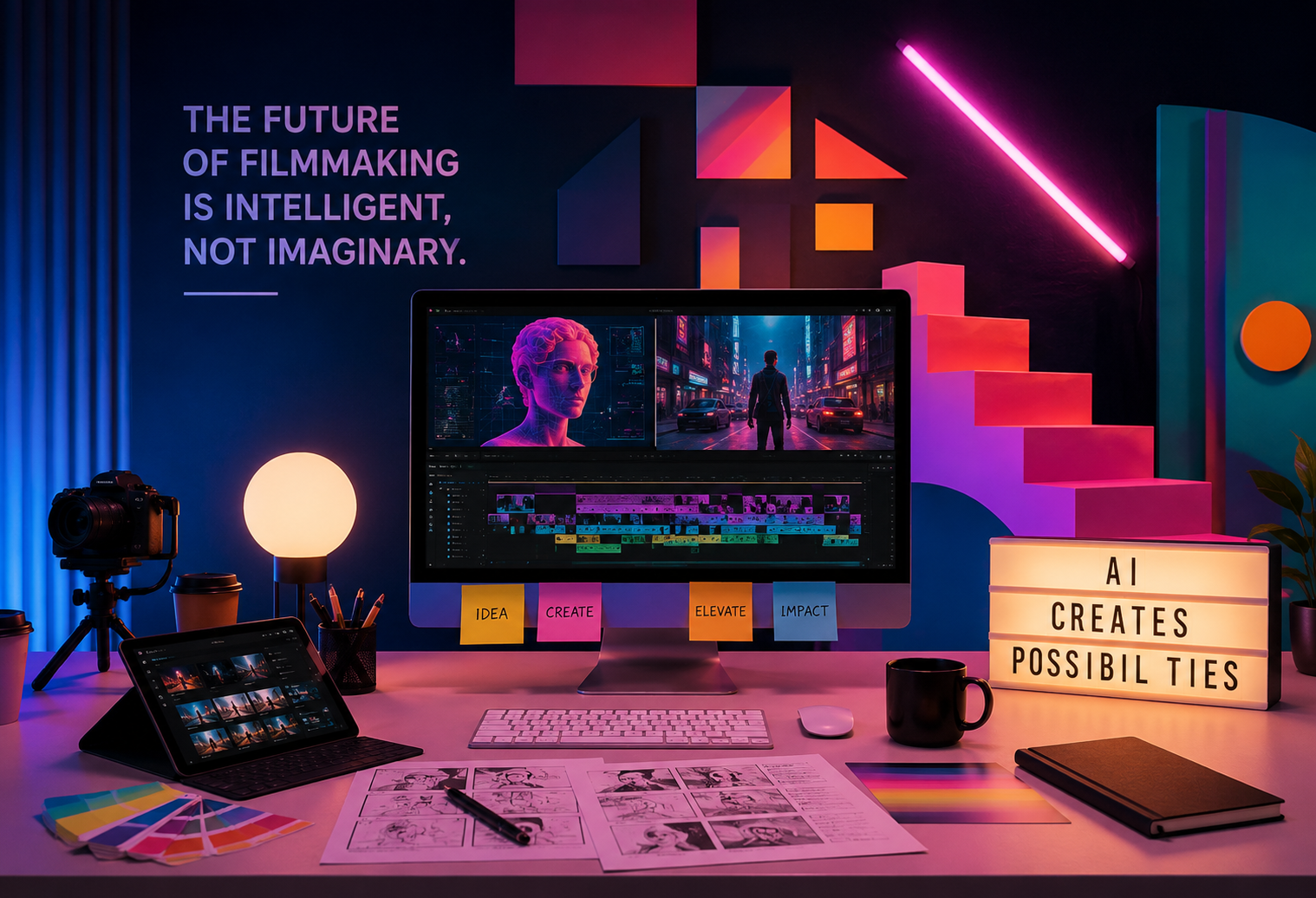 Futuristic AI-powered commercial filmmaking studio with cinematic editing setup and creative production workspace