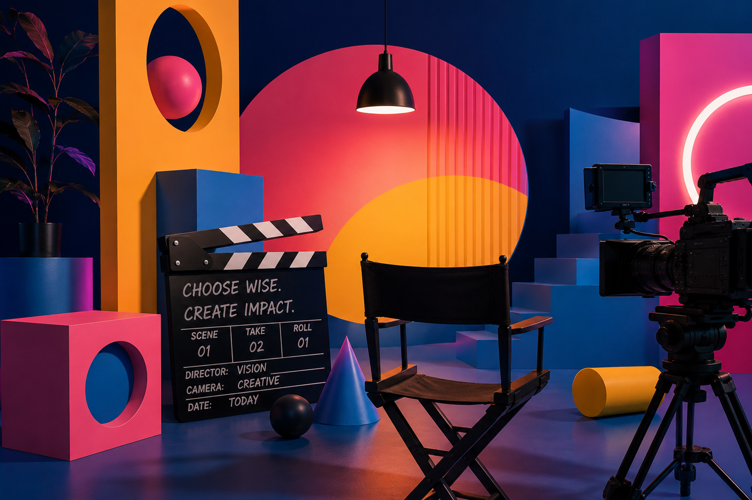 Abstract cinematic commercial filmmaking studio setup with creative production elements and vibrant modern design