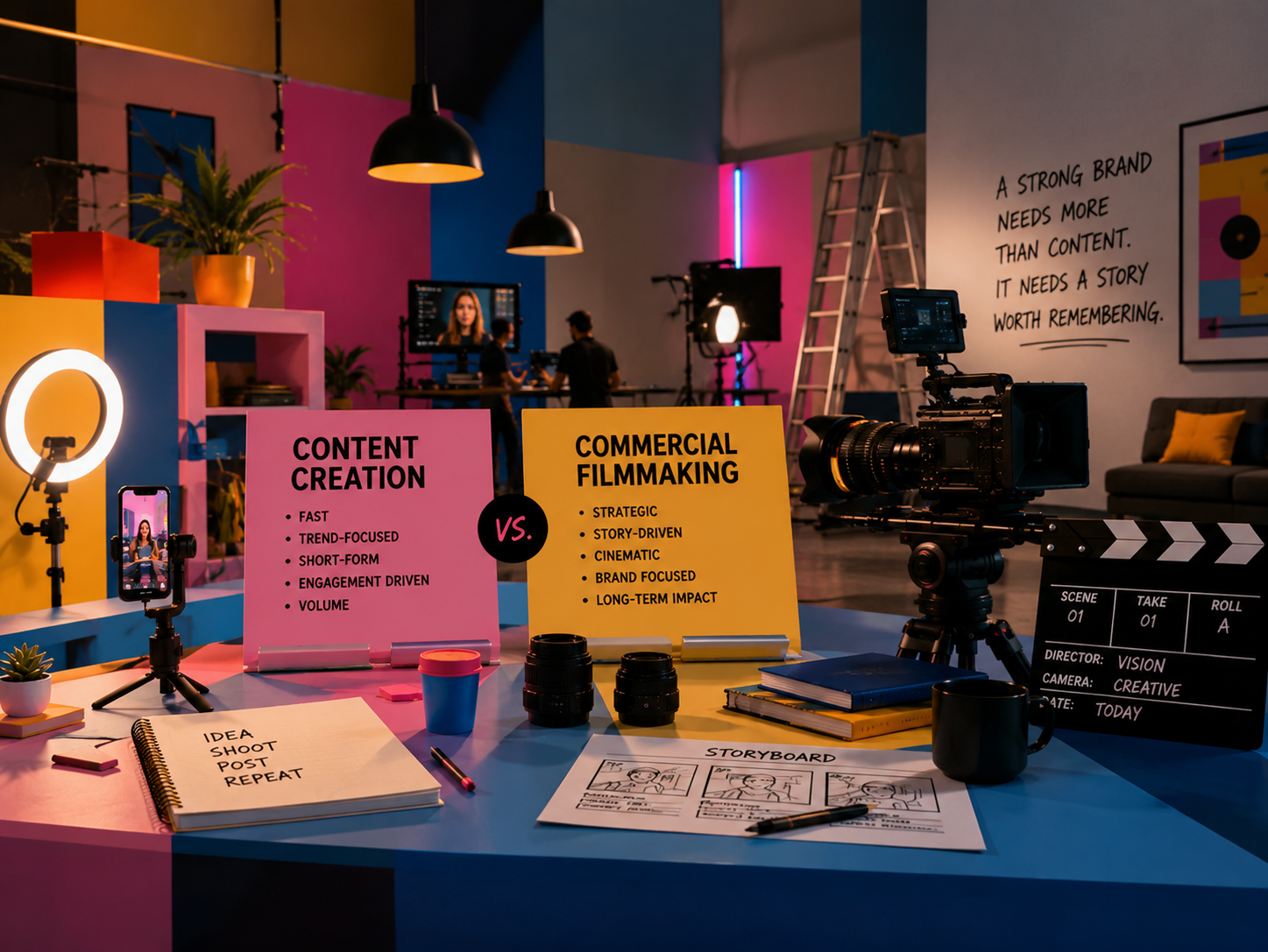 Creative commercial filmmaking studio setup for cinematic brand storytelling and content production