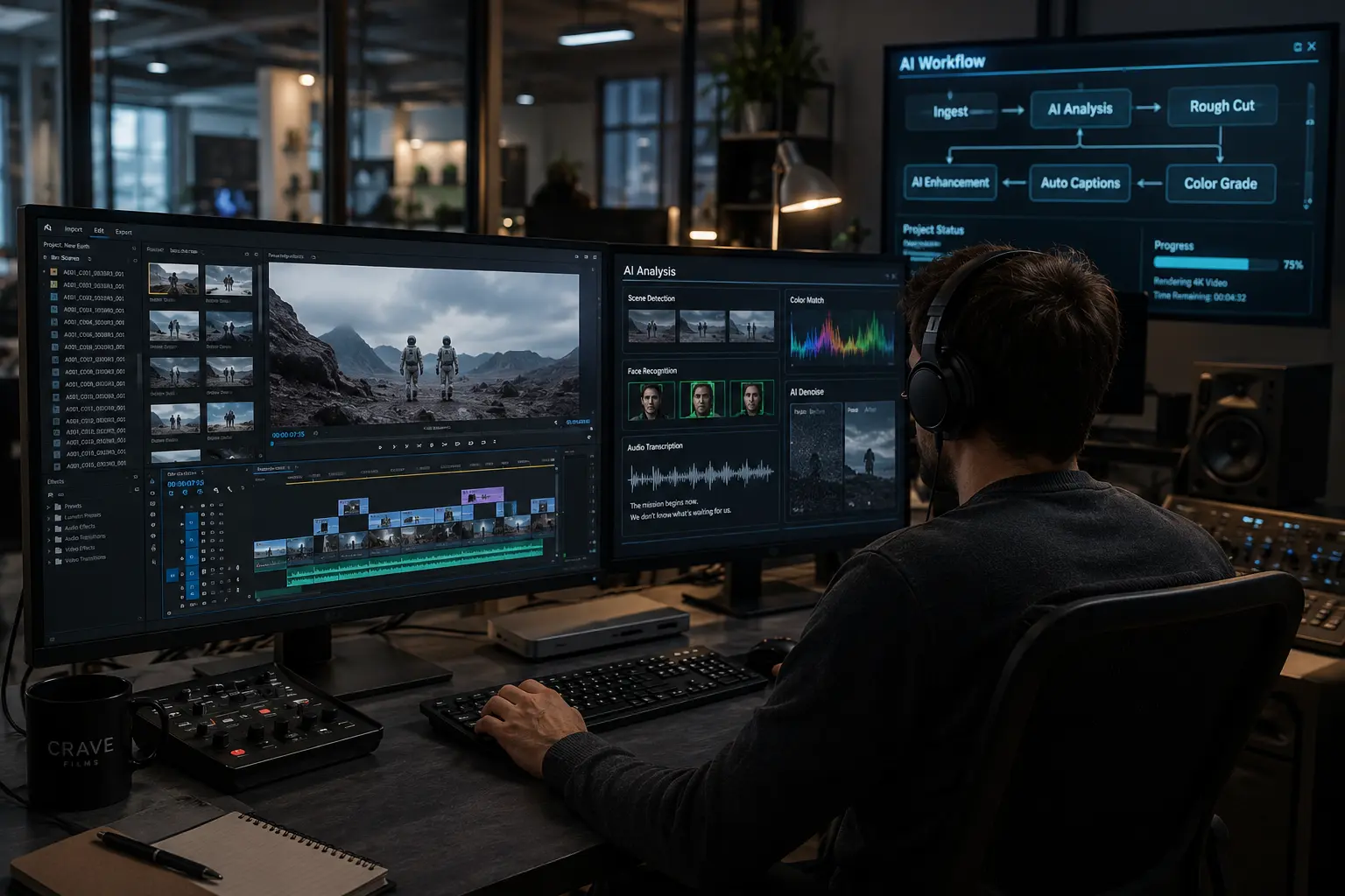 Professional video editor using AI-assisted post production tools for video editing, color grading, scene detection, and audio enhancement in a modern editing studio.