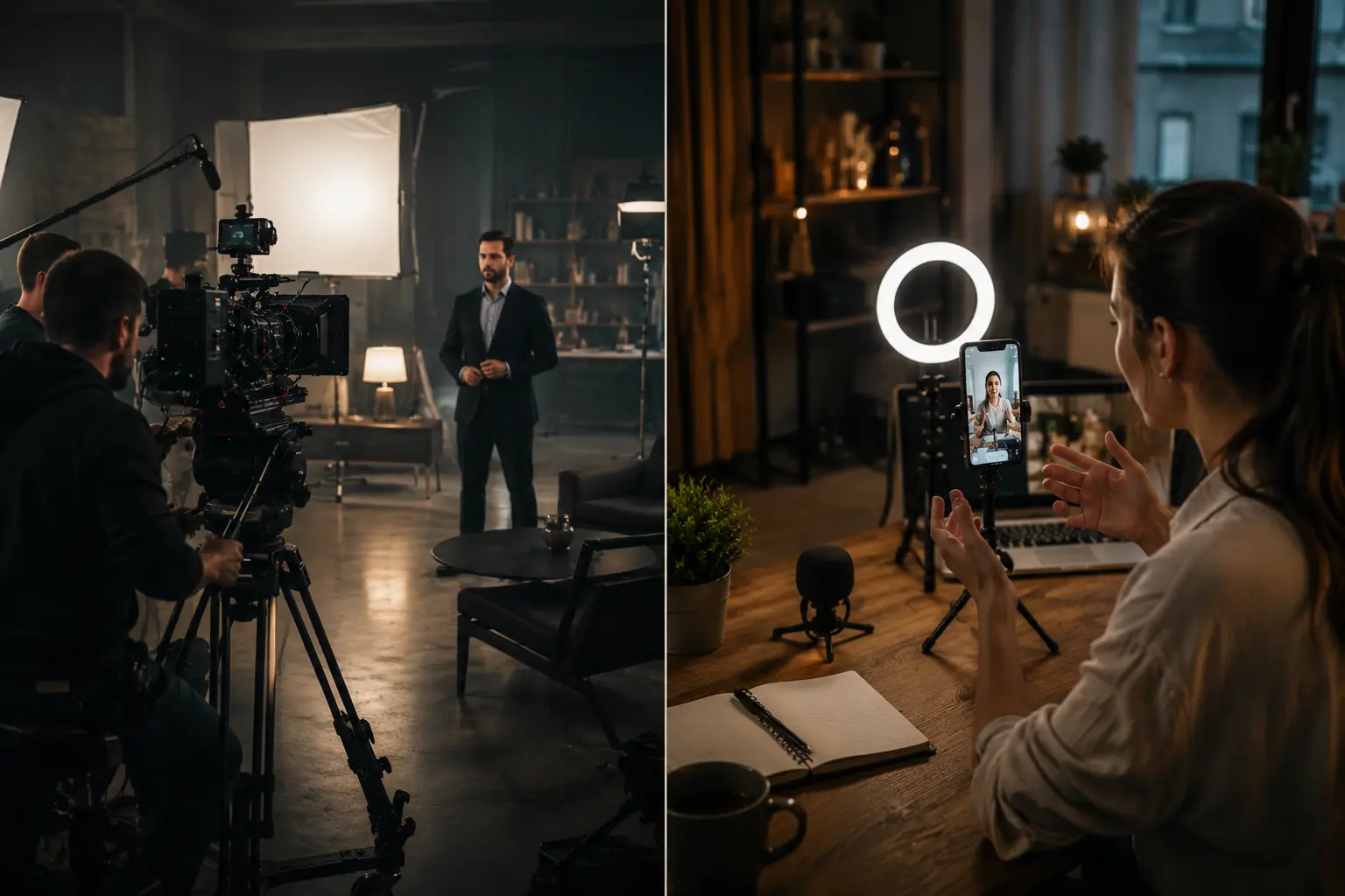 Split-screen showing a professional television commercial production set alongside a modern social media content creation studio, comparing traditional advertising and digital video marketing.