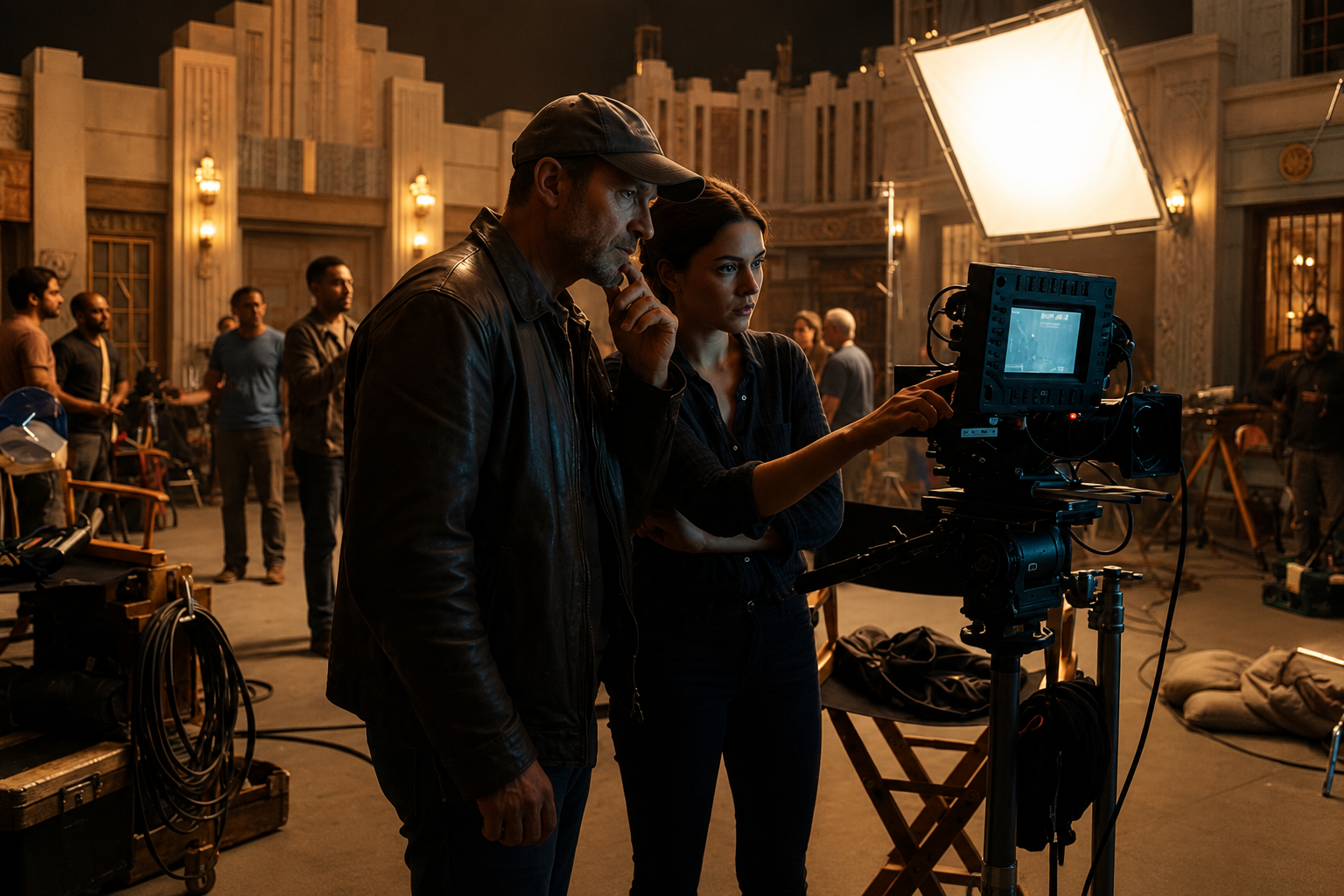 Professional film crew preparing a commercial video production with cinema camera, lighting equipment, director, and production team inside a modern studio.